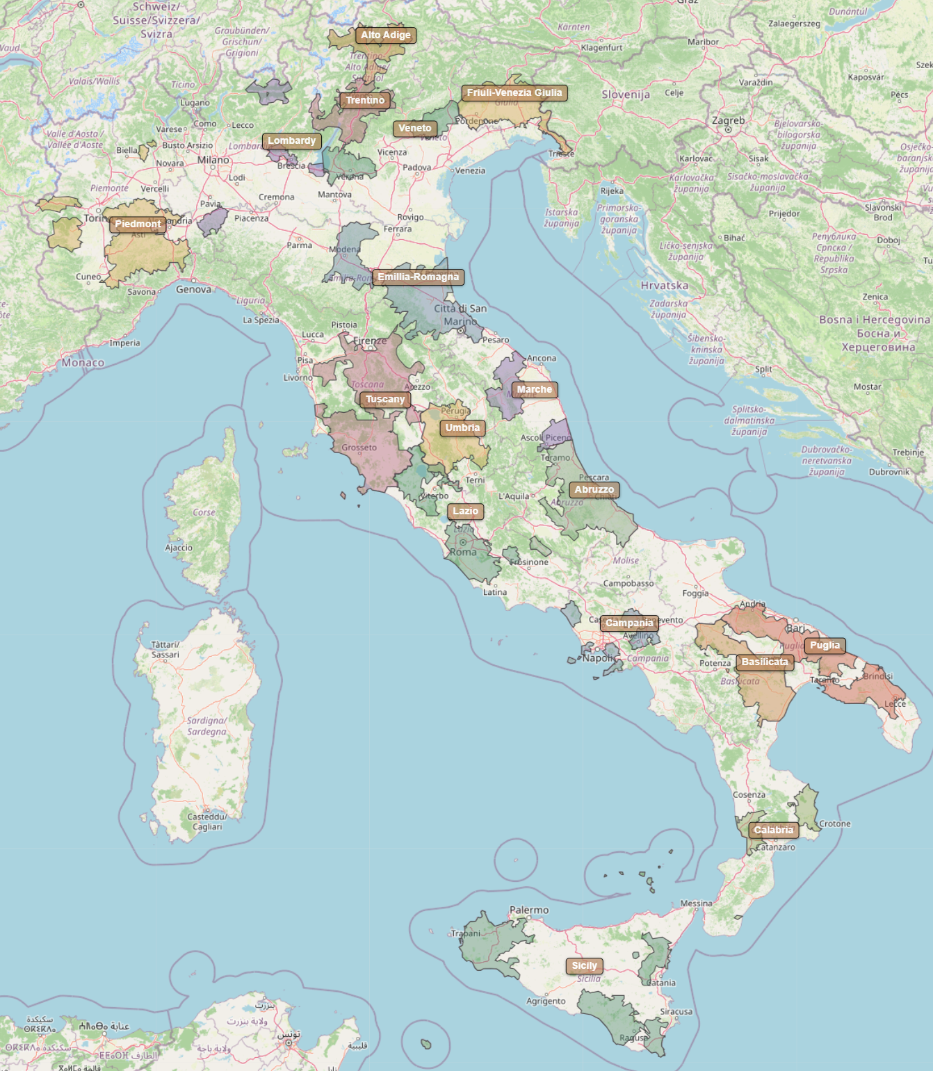 Kort over Italien